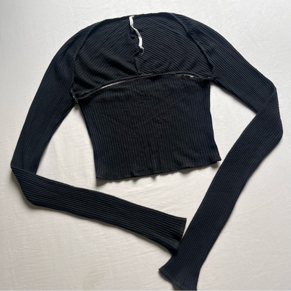 ARE YOU AM I black rib knit long sleeve cutout square neck cropped top